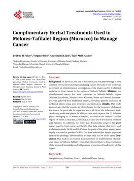 Complimentary Herbal Treatments Used in Meknes-Tafilalet Region (Morocco) to Manage Cancer