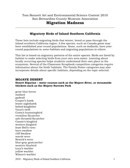 Migratory Birds of Inland Southern California