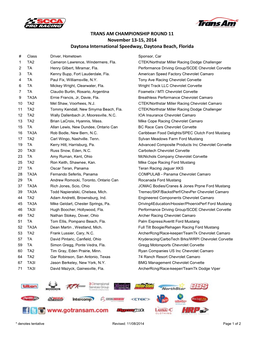 TRANS AM CHAMPIONSHIP ROUND 11 November 13-15, 2014 Daytona International Speedway, Daytona Beach, Florida