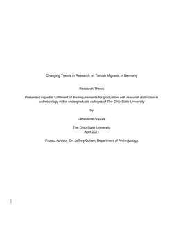 Changing Trends in Research on Turkish Migrants in Germany Research Thesis Presented in Partial Fulfillment of the Requirements