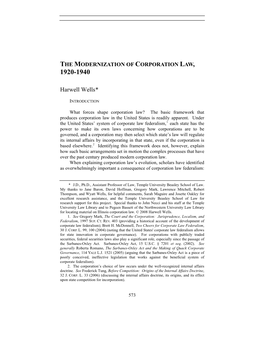 The Modernization of Corporation Law, 1920-1940