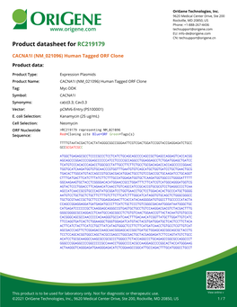 CACNA1I (NM 021096) Human Tagged ORF Clone Product Data