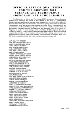 Official List of Qualifiers for the Dost-Sei 2019 Science