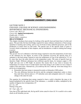 Landmark University, Omu-Aran Lecture Note 2 College: College of Science and Engineering Department: Mechanical Engineering Heat