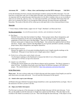 Astronomy 301 LAB 2 ---- Mizar, Alcor, and Learning to Use the SFSU Telescopes Fall 2014