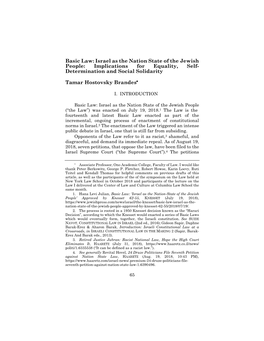 Basic Law: Israel As the Nation State of the Jewish People: Implications for Equality, Self- Determination and Social Solidarity