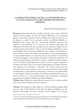 La Mediación Intercultural Y La Invención De La Cultura Andina En El Hijo Pródigo De Espinosa Medrano | 73