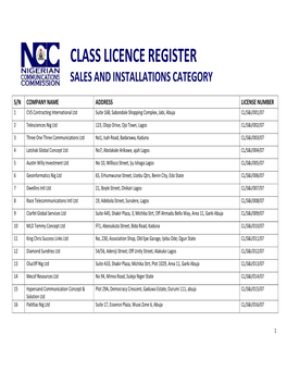 Class Licence Register Sales and Installations Category