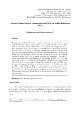 Myth and Mystery from an Igbocosmological Worldview and Her Relation to Them Dibia Emmanuel Ogormegbunem1 Introduction We All Gr