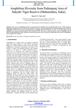 Amphibian Diversity from Patharpunj Area of Sahydri Tiger Reserve (Maharashtra, India)