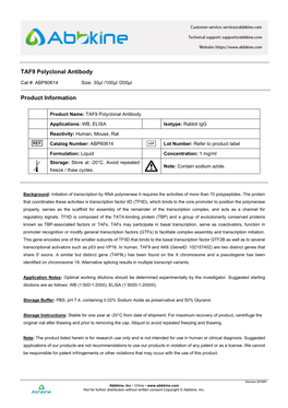 TAF9 Polyclonal Antibody Product Information