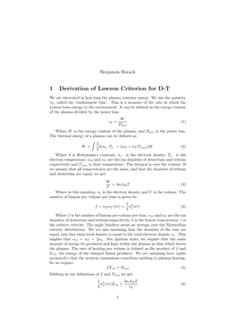 Derivation of Lawson Criterion for D-T