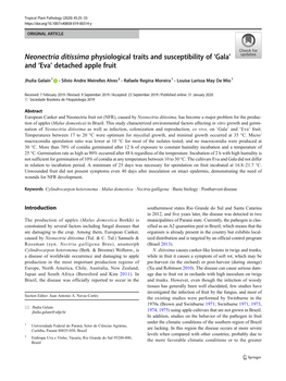 Neonectria Ditissima Physiological Traits and Susceptibility of 'Gala' And