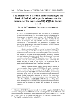 The Presence of YHWH in Exile According to the Book of Ezekiel, with Special Reference to the in Ezekiel מִקְד ָּׁ֣ש מְעַ ט Meaning of the Expression 11:16