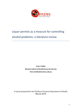 Liquor Permits As a Measure for Controlling Alcohol Problems: a Literature Review