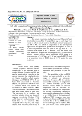 Life Table Parameters of Tomato Russet Mite Aculops Lycopersici (Acari: Eriophyidae) at Different Temperatures in Egypt Metwally, A