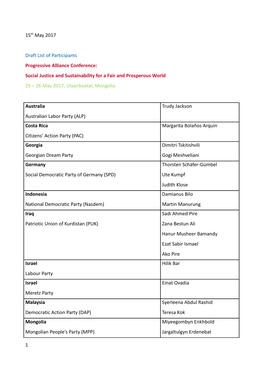 15Th May 2017 Draft List of Participants Progressive Alliance Conference