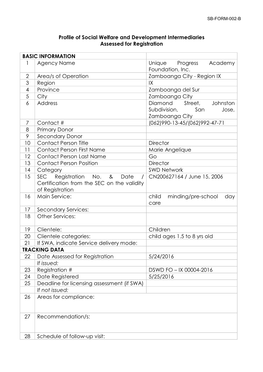 Profile of Social Welfare and Development Intermediaries Assessed for Registration