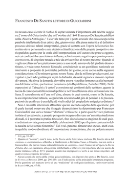 FRANCESCO DE SANCTIS LETTORE DI GUICCIARDINI in Nessun Caso Si Corre Il Rischio Di Sopravvalutare L'importanza Del Celebre Sa