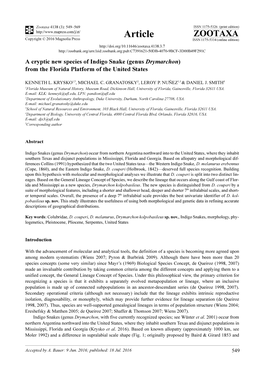 A Cryptic New Species of Indigo Snake (Genus Drymarchon) from the Florida Platform of the United States