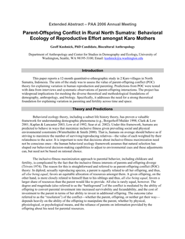 Parent-Offspring Conflict in Rural North Sumatra: Behavioral Ecology of Reproductive Effort Amongst Karo Mothers