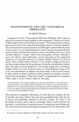 TRANSCENDENCE and the CATEGORICAL IMPERATIVE by David Stewart