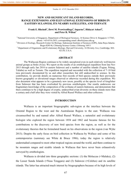 New and Significant Island Records, Range Extensions and Elevational Extensions of Birds in Eastern Sulawesi, Its Nearby Satellites, and Ternate