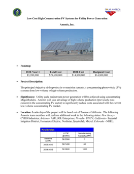 Low Cost High Concentration PV Systems for Utility Power Generation