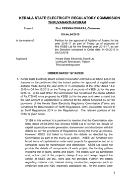 Kerala State Electricity Regulatory Commission Thiruvananthapuram