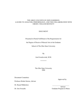 The Oboe Concerto of John Harbison: a Guide to Analysis, Performance, and the Collaboration with Oboist, William Bennett