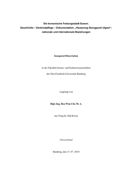 Die Koreanische Festungsstadt Suwon. Geschichte – Denkmalpflege – Dokumentation „Hwaseong Seongyeok Uigwe“– Nationale Und Internationale Beziehungen