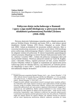 Polityczne Dzieje Ruchu Ludowego W Rumunii I Spory O Jego Model Ideologiczny W Pierwszym Okresie Działalności Parlamentarnej Partidul Ţărănesc (1918–1920)