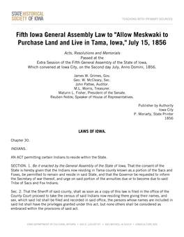 Fifth Iowa General Assembly Law to "Allow Meskwaki to Purchase Land and Live in Tama, Iowa," July 15, 1856