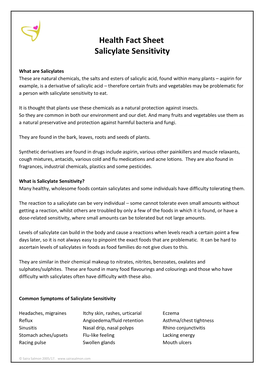 Health Fact Sheet Salicylate Sensitivity