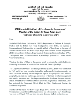 SPPU to Establish Chair of Excellence in the Name of Marshal of the Indian Air Force Arjan Singh - First Chair of Its Kind in Entire Country