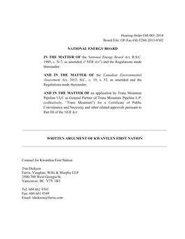 Hearing Order OH-001-2014 Board File: OF-Fac-Oil-T260-2013-0302