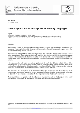 The European Charter for Regional Or Minority Languages