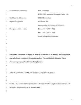 Pre-Release Assessment of Impact on Biomass Production of an Invasive Weed, Lygodium