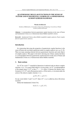 Quaternionic Regular Functions in the Sense of Fueter and Fundamental 2-Forms on a 4-Dimensional Almost Kähler Manifold