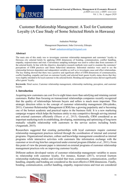 A Tool for Customer Loyalty (A Case Study of Some Selected Hotels in Hawassa)