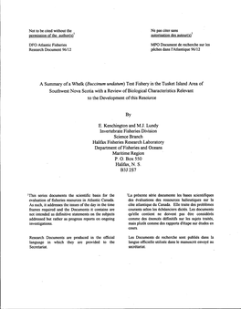 Test Fishery in the Tusket Island Area of Southwest Nova Scotia with a Review of Biological Characteristics Relevant to the Development of This Resoùrce