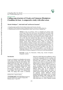 Calling Song Structure of Cicada Orni Linnaeus (Hemiptera: Cicadidae) in Iran: a Comparative Study with Other Areas