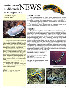 Australasian Nudibranchnews No.12 August 1999 Glossodoris Angasi Editor’S Notes Rudman, 1986 This Completes Volume One