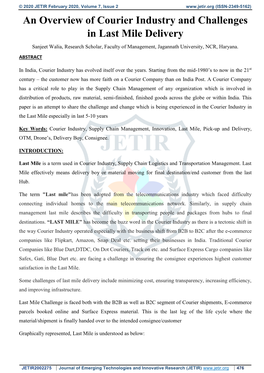 An Overview of Courier Industry and Challenges in Last Mile Delivery Sanjeet Walia, Research Scholar, Faculty of Management, Jagannath University, NCR, Haryana