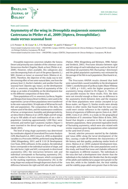 Asymmetry of the Wing in Drosophila Mojavensis Sonorensis Castrezana in Pfeiler Et Al., 2009 (Diptera, Drosophilidae): Main Versus Seasonal Host