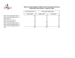 Weston County Republican Official Precinct-By-Precinct Summary�� Wyoming Primary Election - August 22, 2006