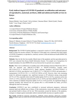 Early Indirect Impact of COVID-19 Pandemic on Utilization and Outcomes of Reproductive, Maternal, Newborn, Child and Adolescent Health Services in Kenya