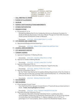 AGENDA REGULAR CITY COUNCIL MEETING MONDAY, OCTOBER 20, 2014 COUNCIL CHAMBERS - 8 P.M