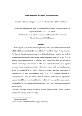 Lithium Amid and Lithium Hydride for Hydrogen Storage System