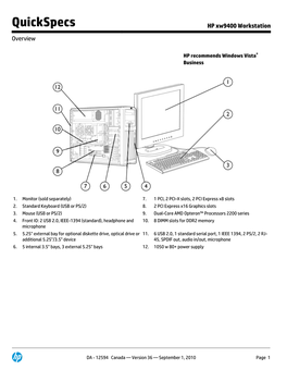 Quickspecs HP Xw9400 Workstation